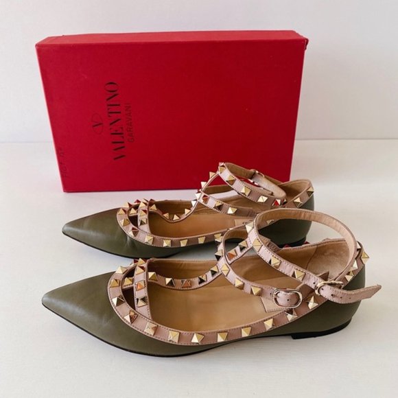 Rockstud Caged Ballet Flat. Olive + Nude straps - Picture 3 of 9